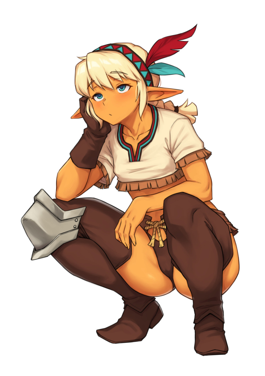 1girl :/ bangs blonde_hair blue_eyes boots brown_footwear brown_gloves brown_shirt brown_shorts closed_mouth collarbone colored_skin commentary crop_top elf english_commentary feather_hair_ornament feathers fringe_trim full_body gloves hair_ornament hairband head_rest highres joan_(nestkeeper) knee_guards long_hair looking_away low_ponytail micro_shorts nestkeeper orange_skin original pointy_ears rope shiny shiny_hair shirt short_sleeves shorts sidelocks simple_background single_glove solo squatting thigh_boots white_background