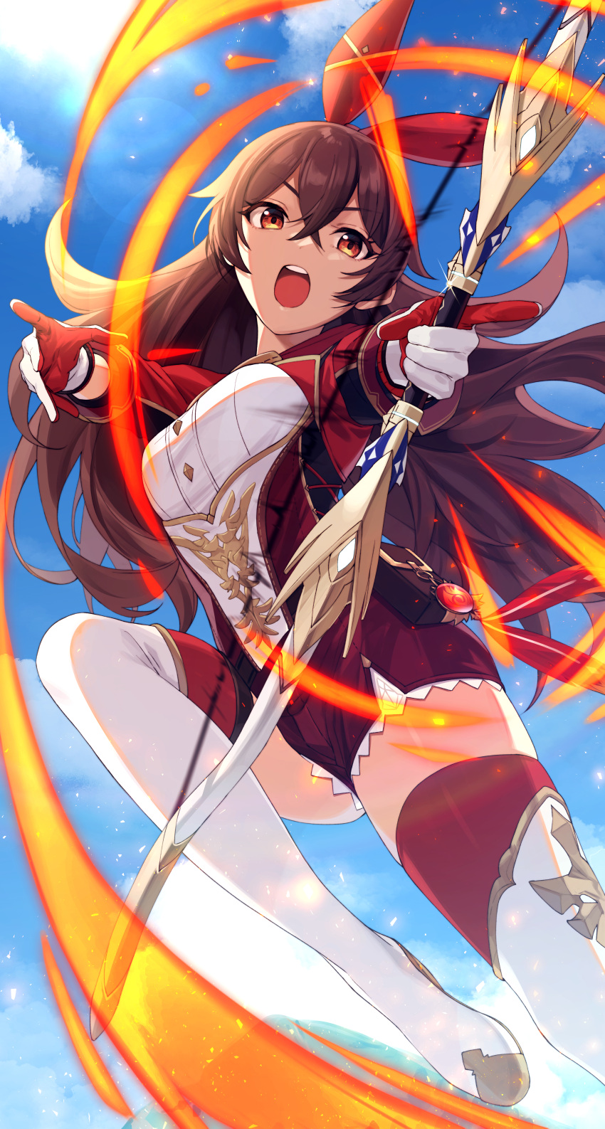 1girl absurdres aiming amber_(genshin_impact) blue_sky crossbow day fire full_body genshin_impact gloves hair_ribbon highres holding holding_weapon jacket long_hair onimoti open_clothes open_jacket open_mouth orange_eyes red_jacket red_ribbon ribbon shorts sky solo thighhighs weapon yellow_eyes