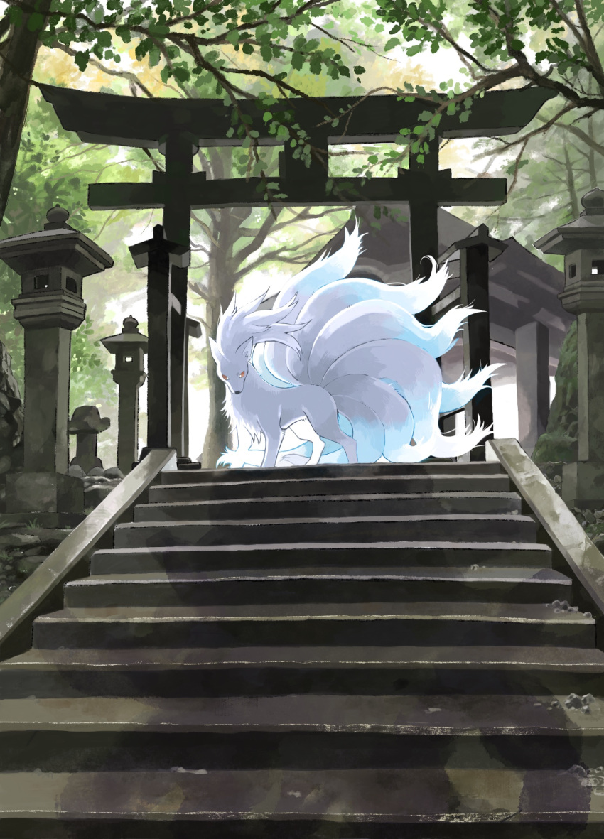 alternate_color arch bright_pupils commentary_request day highres izumi_asuka leaf looking_at_viewer ninetales no_humans outdoors pokemon pokemon_(creature) red_eyes rock shiny_pokemon solo stairs tree white_pupils