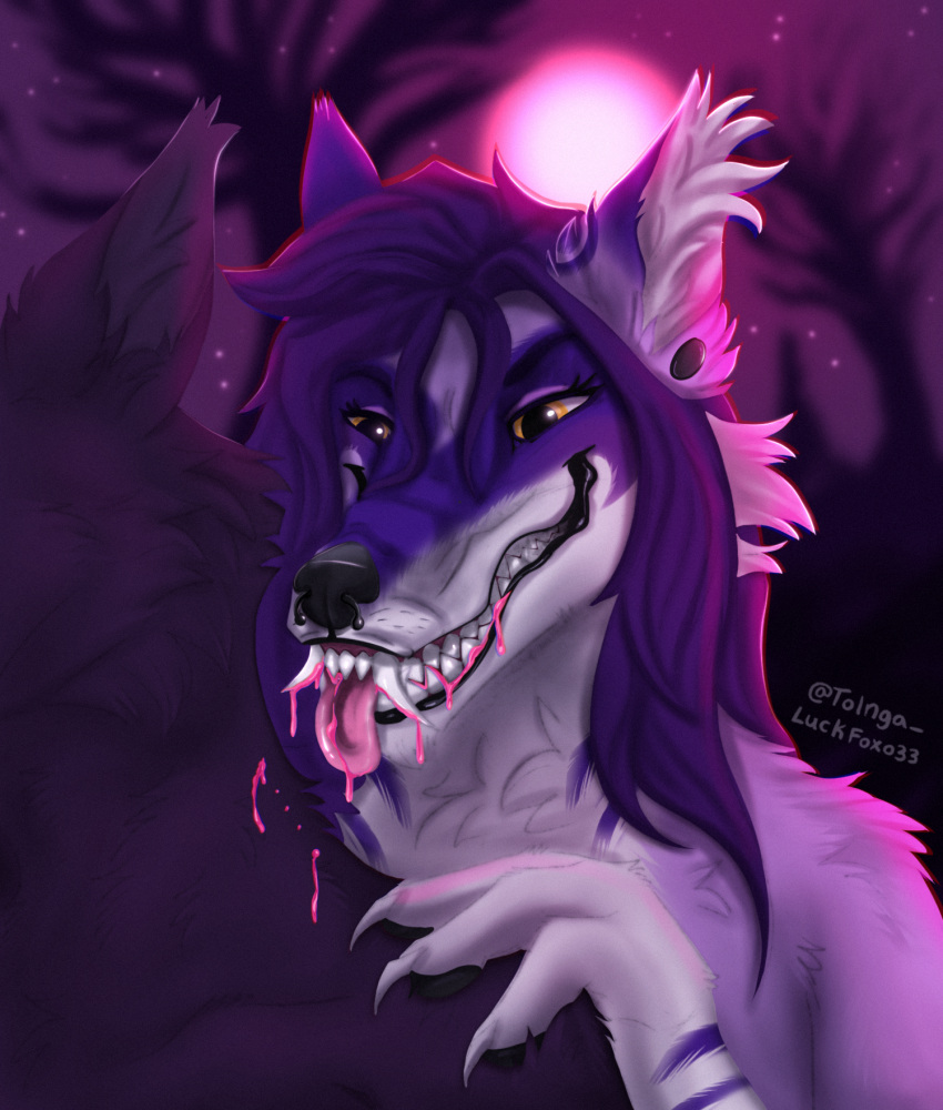 ambiguous_gender anthro bared_teeth canid canine canis claws duo fangs fangs_bared female hair halloween hi_res holidays inktober inktober_2022 long_hair mammal night outside purple_body solo solo_focus teeth tempting tolnga tongue tongue_out vampire wolf