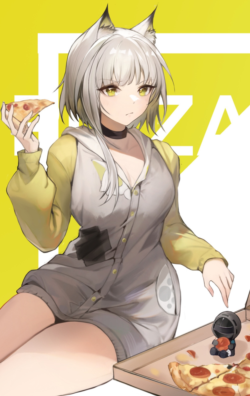 1girl alternate_costume animal_ear_fluff animal_ears arknights black_choker bottomless breasts cat_ears character_doll choker cleavage closed_mouth doctor_(arknights) food gradient_hair green_eyes green_hair grey_hair grey_jacket highres holding holding_food jacket kal'tsit_(arknights) long_sleeves looking_at_viewer multicolored_hair photoshop_(medium) pizza pizza_box short_hair_with_long_locks single_sidelock sitting solo tabayashi v-shaped_eyebrows
