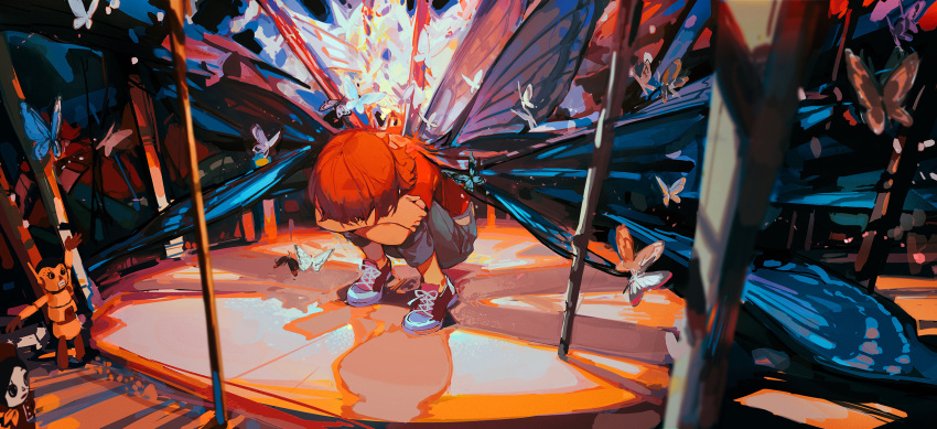 1girl blue_pants blue_wings bug butterfly butterfly_wings ciloranko crossed_arms full_body highres hugging_own_legs pants paprika paprika_(character) red_hair red_shirt shirt short_hair short_sleeves solo squatting wings