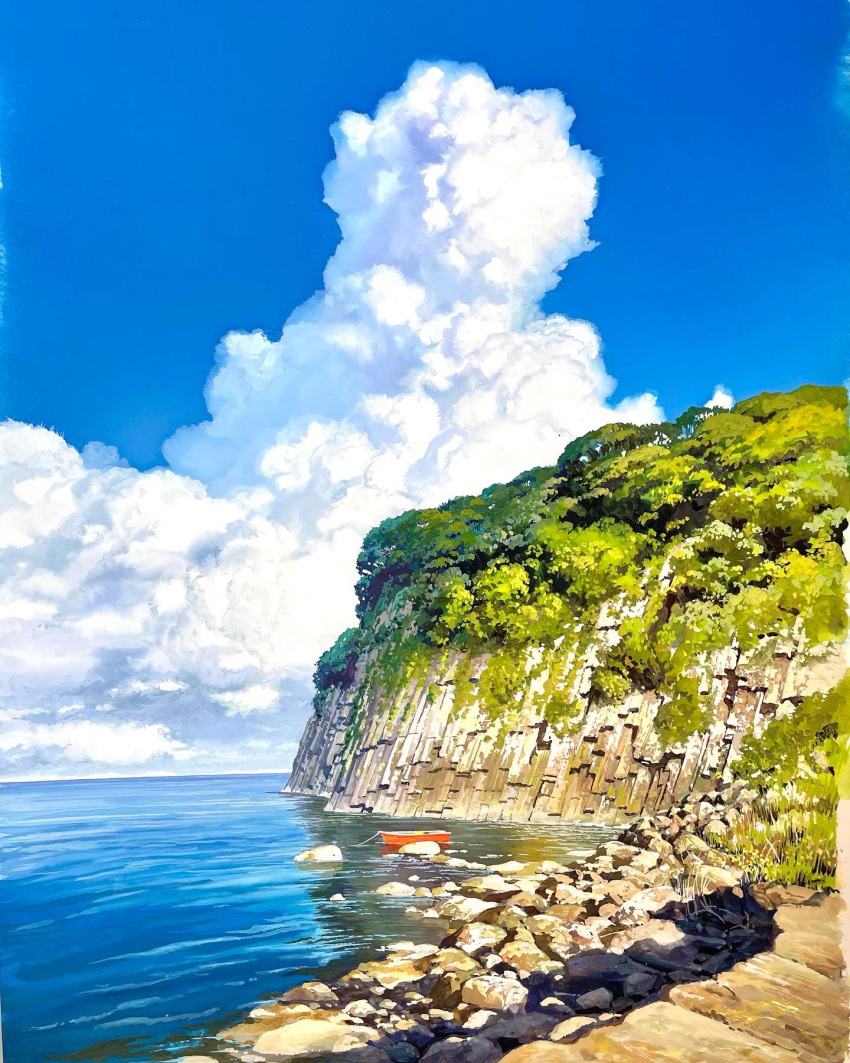 blue_sky boat cliff cloud cloudy_sky commentary_request day fukui_prefecture highres horizon landscape mixed-language_commentary no_humans original outdoors real_world_location rock scenery shore sky traditional_media water watercraft yohichi_n