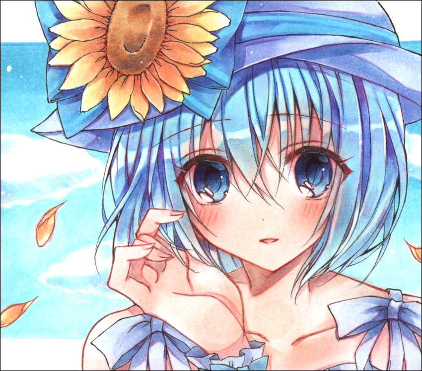 1girl alternate_costume blue_bow blue_eyes blue_hair blue_sky bluestar_iz blush bow claire_elford collarbone flower hair_between_eyes hand_in_own_hair hat hat_bow hat_flower highres letterboxed looking_at_viewer outside_border parted_lips petals portrait short_hair sky smile solo spaghetti_strap sun_hat sunflower white_bow white_headwear witch's_heart