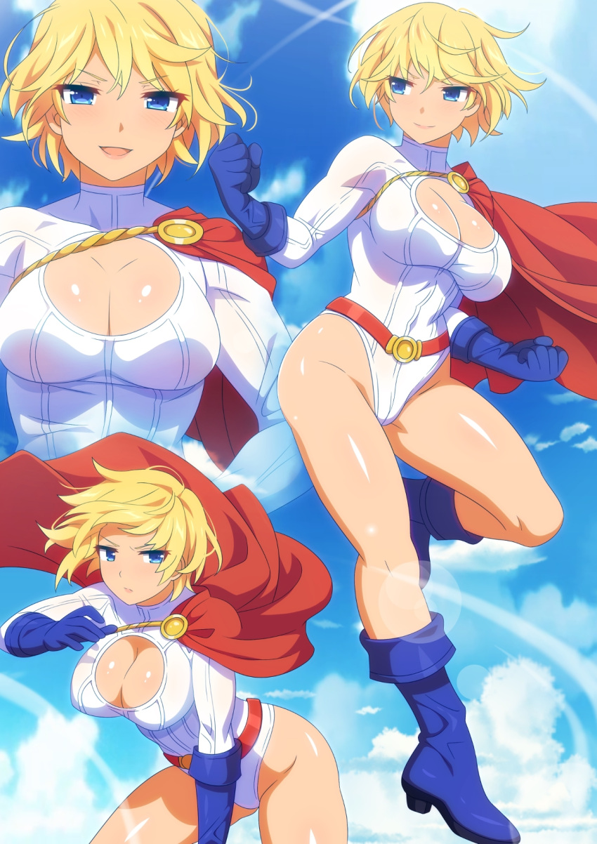 1girl artist_request ass bangs belt blonde_hair blue_eyes blue_footwear blue_gloves blue_sky blush bodysuit boots breasts cape cleavage cleavage_cutout clothing_cutout cloud cloudy_sky covered_navel curvy dc_comics framed_breasts gloves highres large_breasts leotard light lips lipstick long_sleeves looking_at_another looking_at_viewer looking_to_the_side makeup open_mouth power_girl red_belt red_cape short_hair simple_background sky smile solo source_request standing superhero thick_thighs thighs underboob_cutout white_leotard