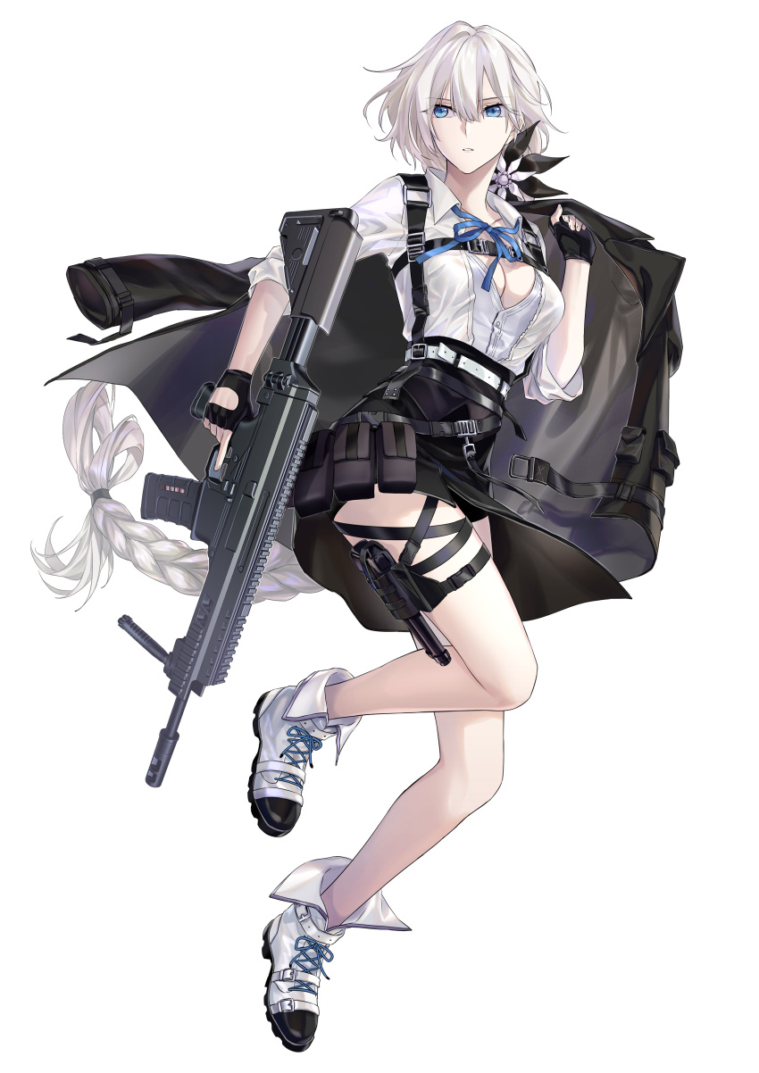 1girl absurdres ammunition_belt apc556_(girls'_frontline) assault_rifle b&amp;t_apc556 bangs black_gloves black_jacket black_skirt blue_eyes blue_ribbon braid braided_ponytail breasts cleavage collarbone commission flower from_side full_body girls'_frontline gloves gun hair_flower hair_ornament handgun harness highres holding holding_clothes holding_gun holding_jacket holding_weapon holstered_weapon jacket legs long_hair looking_at_viewer medium_breasts neck_ribbon open_clothes open_mouth open_shirt parted_lips partially_fingerless_gloves pixiv_request ribbon rifle shirt shoes simple_background skirt sleeves_rolled_up sneakers solo standing suprii weapon white_background white_footwear white_hair white_shirt