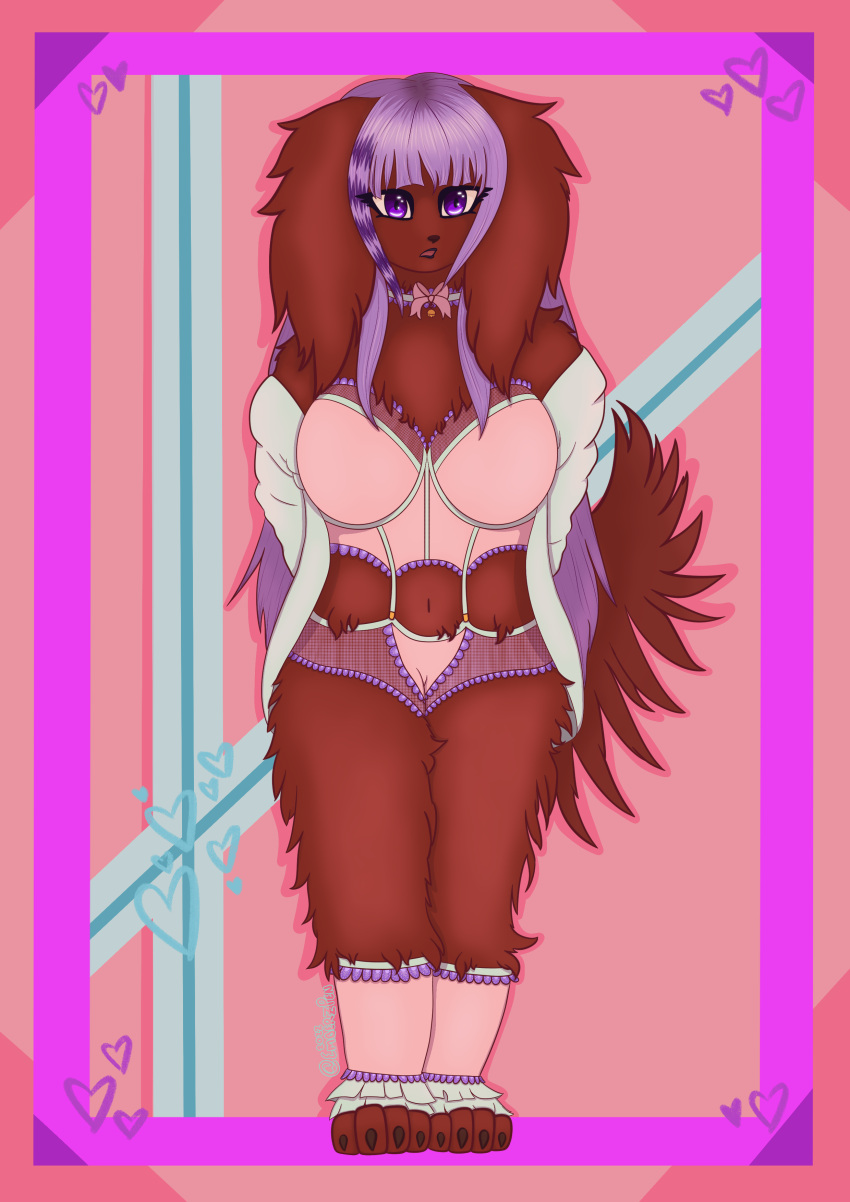 2022 absurd_res anthro bell bell_collar big_breasts big_ears big_tail bird_dog bow_accessory bra breasts brown_body brown_fur canid canine canis cardigan claws clothing collar collar_with_bell domestic_dog emberzpen_(artist) female fluffy fluffy_ears fluffy_tail fur hair hi_res hunting_dog irish_setter lace leg_warmers legwear line_art lingerie long_hair mammal mesh_underwear mitzie_(emberzpen) navel panties pastel paws purple_eyes purple_hair setter shaded simple_background solo thick_thighs underwear watermark wide_hips
