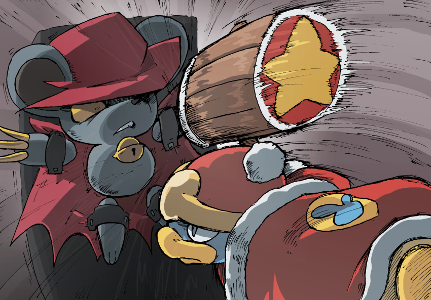 1boy animal attack beanie bell blue_eyes blue_fur body_fur cape clenched_teeth clothed_animal colored_sclera commentary_request constricted_pupils daroach fur-trimmed_cape fur_trim furry furry_male gerigoo hat highres jingle_bell king_dedede kirby_(series) male_focus motion_lines mouse neck_bell one_eye_covered partial_commentary pom_pom_(clothes) red_cape red_headwear restrained scared sketch star_(symbol) stationary_restraints teeth yellow_sclera