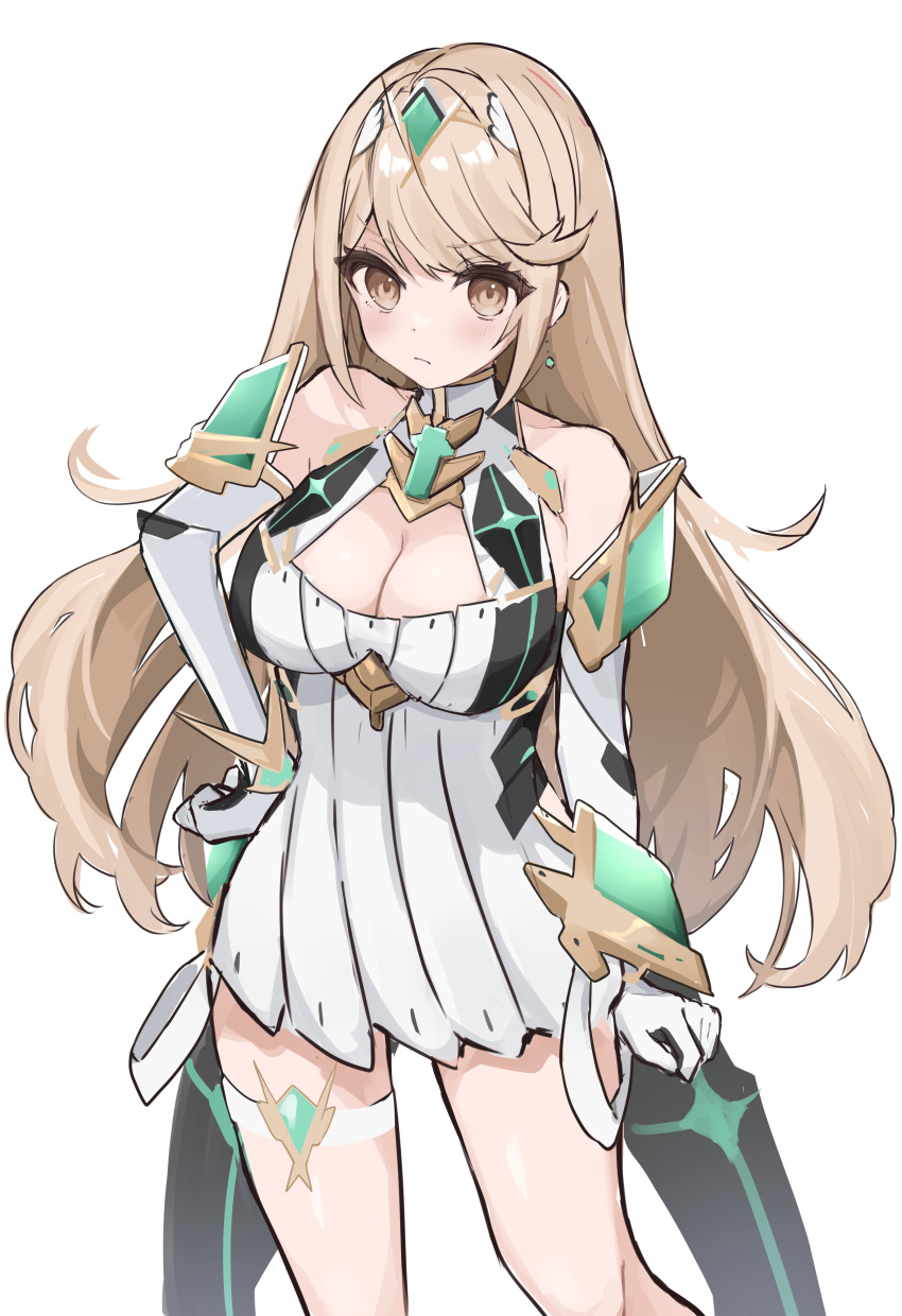 1girl absurdres bangs bare_shoulders blonde_hair breasts chest_jewel circlet cleavage cleavage_cutout closed_mouth clothing_cutout dress earrings elbow_gloves etoria gloves highres jewelry long_hair looking_at_viewer mythra_(xenoblade) simple_background solo swept_bangs white_background white_dress white_gloves xenoblade_chronicles_(series) xenoblade_chronicles_2 yellow_eyes