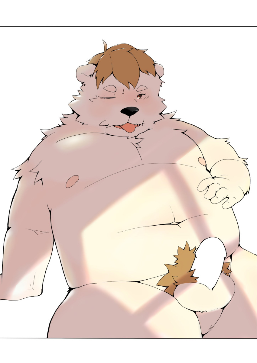 2022 anthro belly blush censored genitals gus_(stardew_valley) hi_res humanoid_genitalia humanoid_hands humanoid_penis kemono madlion_0312 male mammal moobs navel nipples one_eye_closed overweight overweight_male penis solo stardew_valley tongue tongue_out ursid