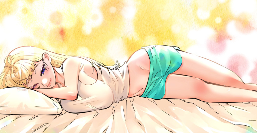 1girl aqua_shorts armpit_crease bangs blonde_hair blue_eyes blush breast_press breasts dosanko_gyaru_wa_namaramenkoi fuyuki_minami hair_behind_ear highres huge_breasts ikada_kai long_hair looking_at_viewer lying navel on_side one_eye_closed pillow short_shorts shorts smile solo tank_top white_tank_top