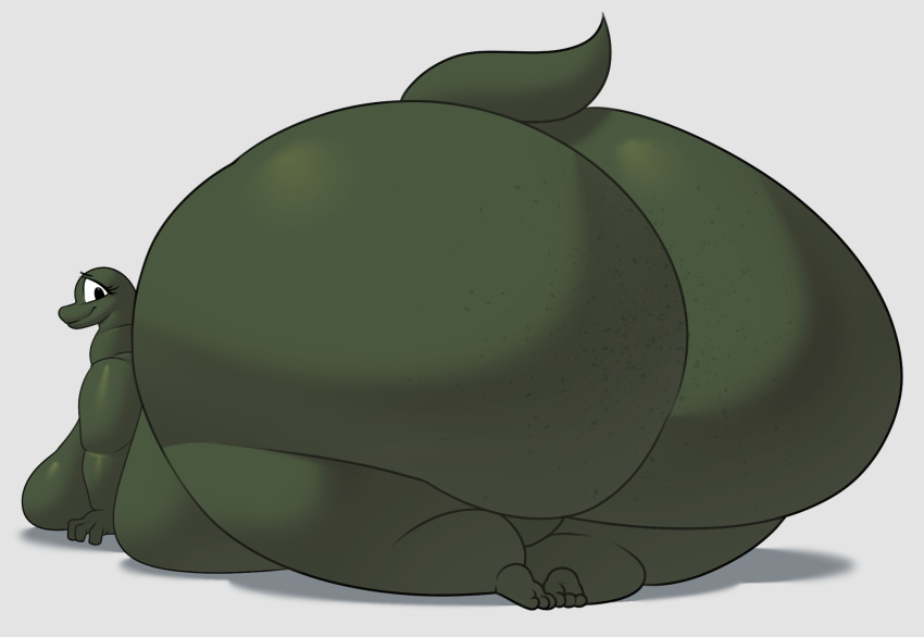 anthro big_breasts big_butt black_eyes breasts butt chipchell dinosaur female green_body hi_res huge_breasts huge_butt huge_thighs hyper hyper_butt hyper_hips hyper_thighs looking_at_viewer looking_back lying non-mammal_breasts nude obese obese_anthro obese_female on_front overweight overweight_anthro overweight_female reptile scalie side_boob smile solo thick_thighs wide_hips