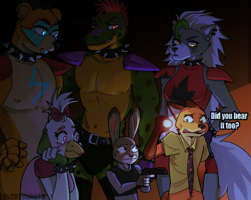 2022 5_fingers accessory alligator alligatorid anthro avian bird black_nose bow_ribbon bracelet breasts bulletproof_vest canid canine canis chicken clothed clothing collar crocodilian crop_top darkness dialogue digital_media_(artwork) disney english_text feathers female fingers five_nights_at_freddy's five_nights_at_freddy's:_security_breach flashlight fox fur galliform gallus_(genus) glamrock_chica_(fnaf) glamrock_freddy_(fnaf) glebyshka78 glowing glowing_eyes green_body green_highlights green_scales grey_body grey_fur group gun hair hair_accessory hair_bow hair_ribbon handgun hat headgear headwear highlights_(coloring) humanoid_hands jewelry judy_hopps lagomorph leporid male mammal montgomery_gator_(fnaf) navel necktie nick_wilde nipples phasianid pink_nose pistol rabbit ranged_weapon red_body red_fur red_hair reptile ribbons roxanne_wolf_(fnaf) scales scalie scared scottgames shirt shoulder_pads signature silver_hair size_difference smile smirk spiked_bracelet spiked_collar spikes teeth text top_hat topless topless_anthro topless_male topwear ursid ursine video_games weapon white_body white_feathers wolf yellow_body yellow_fur zootopia