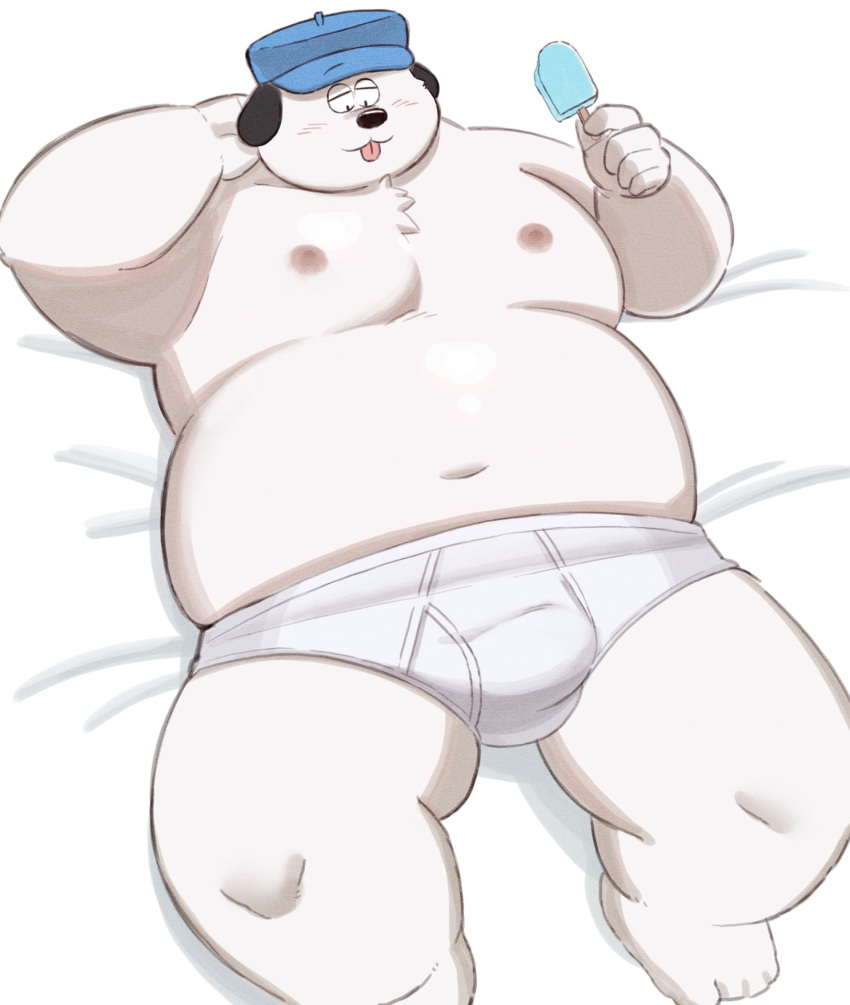 2022 anthro belly big_belly blush bulge canid canine canis clothing domestic_dog food hat headgear headwear hi_res humanoid_hands kemono lying male mammal moobs navel nipples olaf_(peanuts) overweight overweight_male peanuts_(comic) popsicle solo sv_grart tongue tongue_out underwear