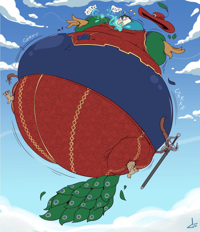 anthro avian beak belly belly_inflation big_belly bird blue_body blue_feathers blush clothed clothing cloud curse cursed_clothing cursed_item daikanu feather_hands feathers floating galliform glistening glistening_body green_body green_feathers hat headgear headwear hi_res hyper hyper_belly inflation jewelry male melee_weapon motion_lines multicolored_body necklace onomatopoeia peafowl percival_crestfeather phasianid puffed_cheeks solo sound_effects sword text wardrobe_malfunction weapon white_body white_feathers