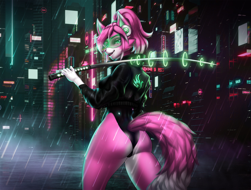 butt canid canine clothed clothing cyberpunk female fox hi_res holding_object holding_weapon jacket katana leotard looking_at_viewer mammal melee_weapon mononi simple_background solo sword topwear weapon