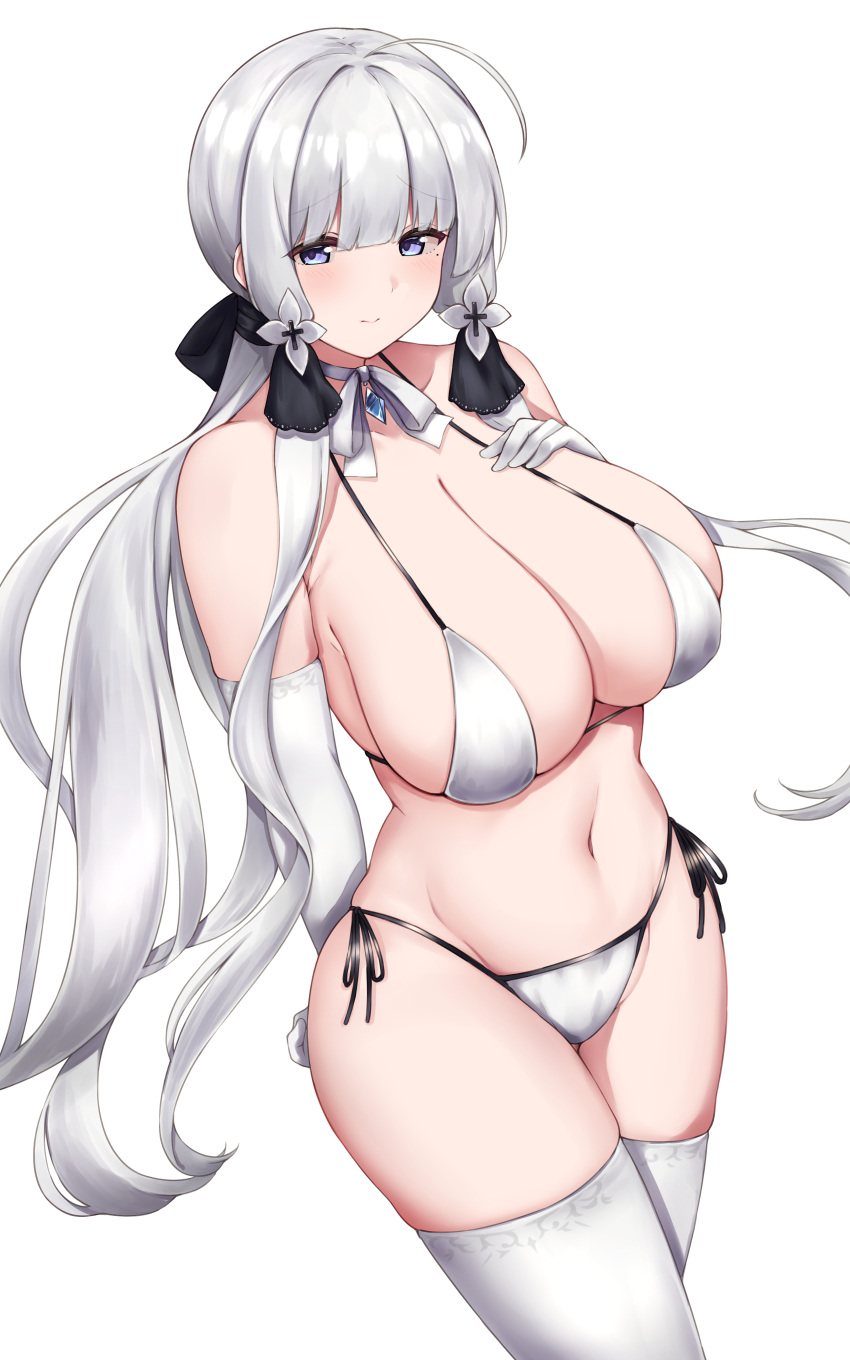 1girl absurdres adapted_costume arashiki_mamizu azur_lane bikini black_ribbon blue_eyes blue_gemstone breasts elbow_gloves gem gloves hair_ribbon hand_on_own_chest highres huge_breasts illustrious_(azur_lane) long_hair mole mole_under_eye navel ribbon side-tie_bikini_bottom simple_background skindentation solo string_bikini swimsuit thighhighs tri_tails very_long_hair white_background white_bikini white_gloves white_thighhighs