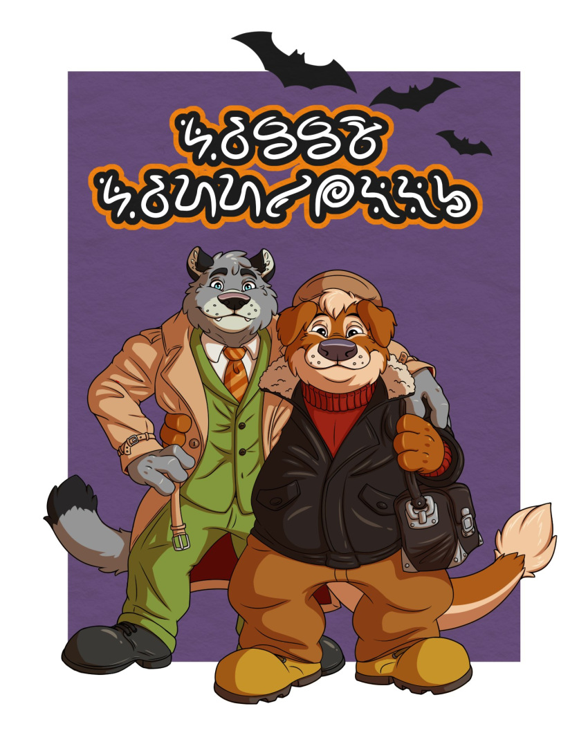 2022 anthro blacksad bottomwear brok_the_investigator brown_body brown_fur clothing cosplay domestic_cat duo embrace felid feline felis fur graff_filsh grey_body grey_fur halloween hat headgear headwear hi_res holidays hug john_blacksad lutrine male male/male mammal mustelid necktie ott_(brok_the_investigator) pants shirt slightly_chubby text topwear translated video_games vincenthardges weekly