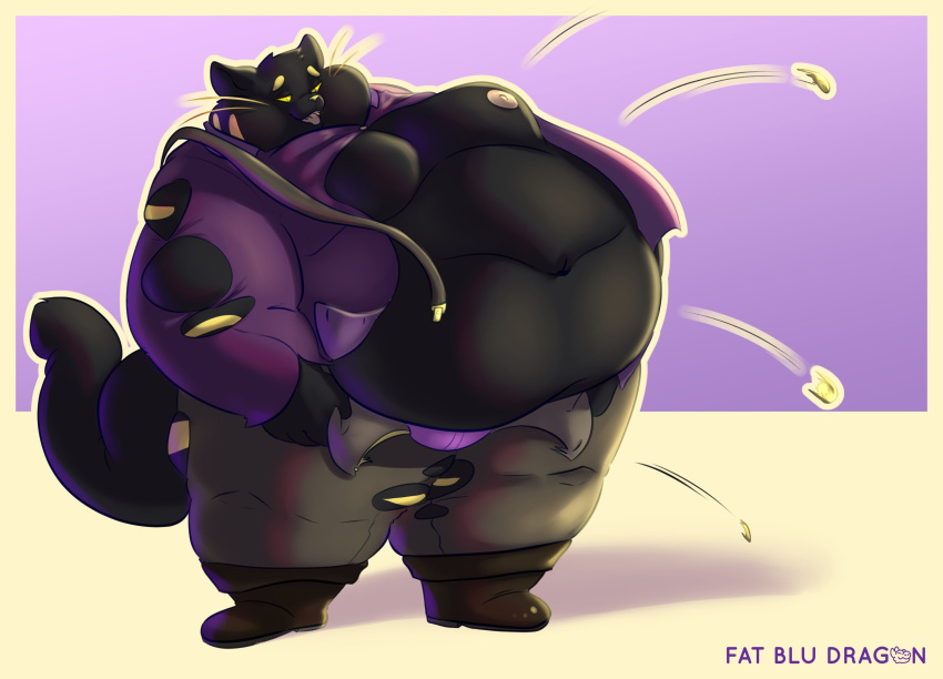 anthro belly big_belly big_tail button_pop chubby_cheeks clothed clothing domestic_cat fatbludragon felid feline felis hi_res hyper hyper_belly male mammal moobs morbidly_obese nipples obese obese_anthro overweight overweight_anthro overweight_male simple_background solo wardrobe_malfunction whiskers