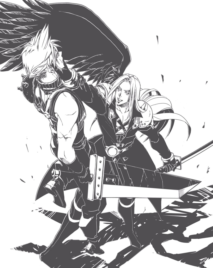 2boys armor bangs belt black_jacket black_wings boots buster_sword chest_strap cloud_strife feathered_wings final_fantasy final_fantasy_vii final_fantasy_vii_remake full_body gloves greyscale hand_on_another's_chin high_contrast highres holding holding_sword holding_weapon jacket katana long_bangs long_hair long_jacket long_sleeves looking_at_another male_focus masamune_(ff7) monochrome multiple_belts multiple_boys muscular muscular_male open_mouth parted_bangs ryouto sephiroth short_hair shoulder_armor single_wing sleeveless sleeveless_turtleneck smile spiked_hair suspenders sword turtleneck weapon white_background wings