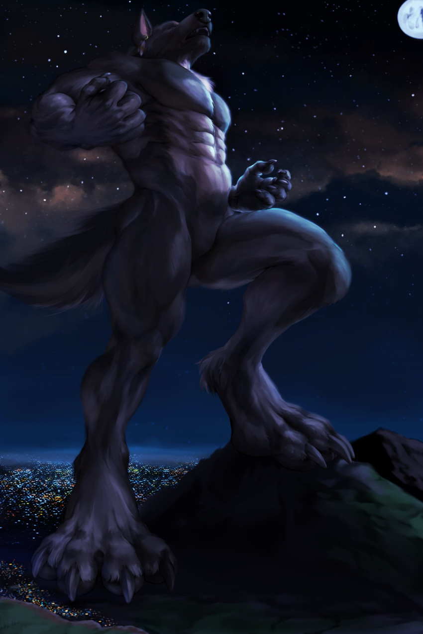 4_toes 5_fingers abs allandox anthro canid canine city claws cloud ear_piercing feet finger_claws fingers giga hi_res howl landscape landscape_dwarfing light macro male mammal moon moonlight mountain muscular muscular_anthro muscular_male night open_mouth paws pecs piercing solo star toe_claws toes