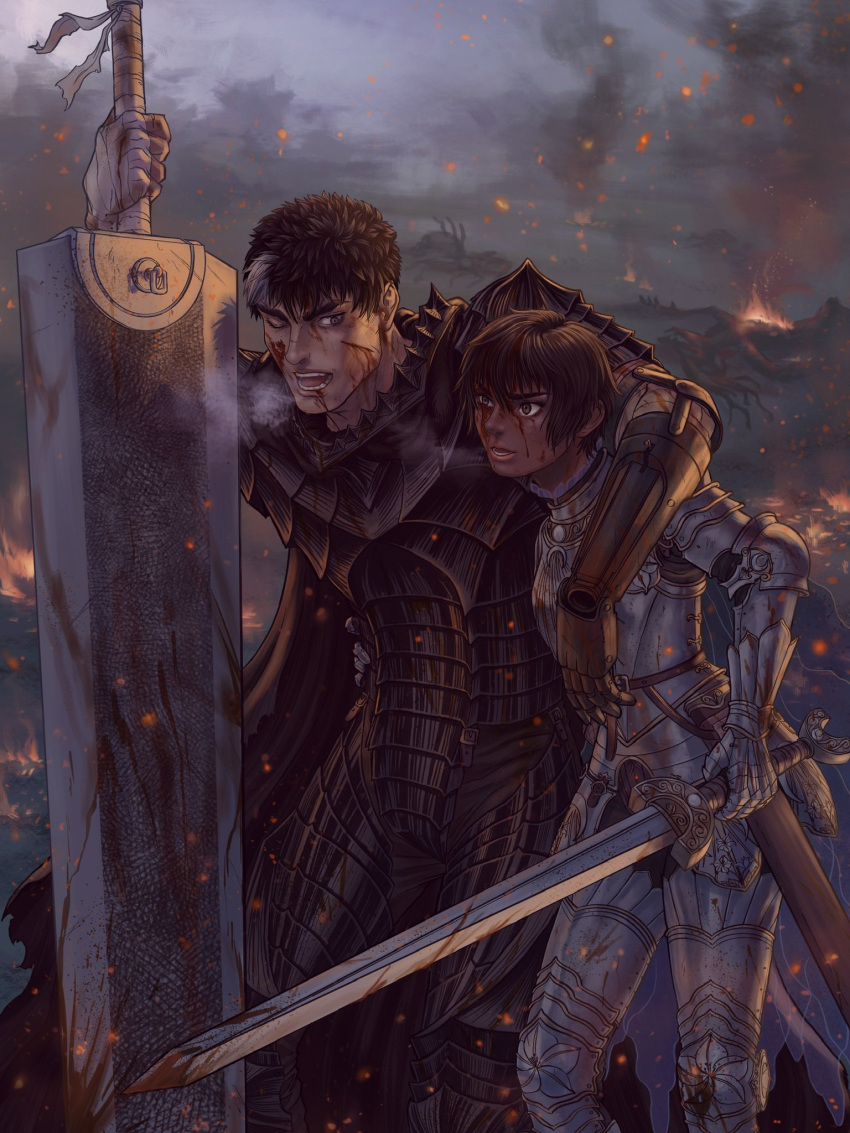1boy 1girl arm_over_shoulder armor bandaged_arm bandages berserk berserker_armor black_hair blood blood_on_face blood_on_weapon breath casca_(berserk) commentary dark-skinned_female dark_skin dragonslayer_(sword) english_commentary greatsword guts_(berserk) hand_on_hip highres holding holding_sword holding_weapon injury looking_to_the_side multicolored_hair one_eye_closed parted_lips planted planted_sword prosthesis prosthetic_arm sheath short_hair spiked_hair standing streaked_hair sword theophiasco weapon
