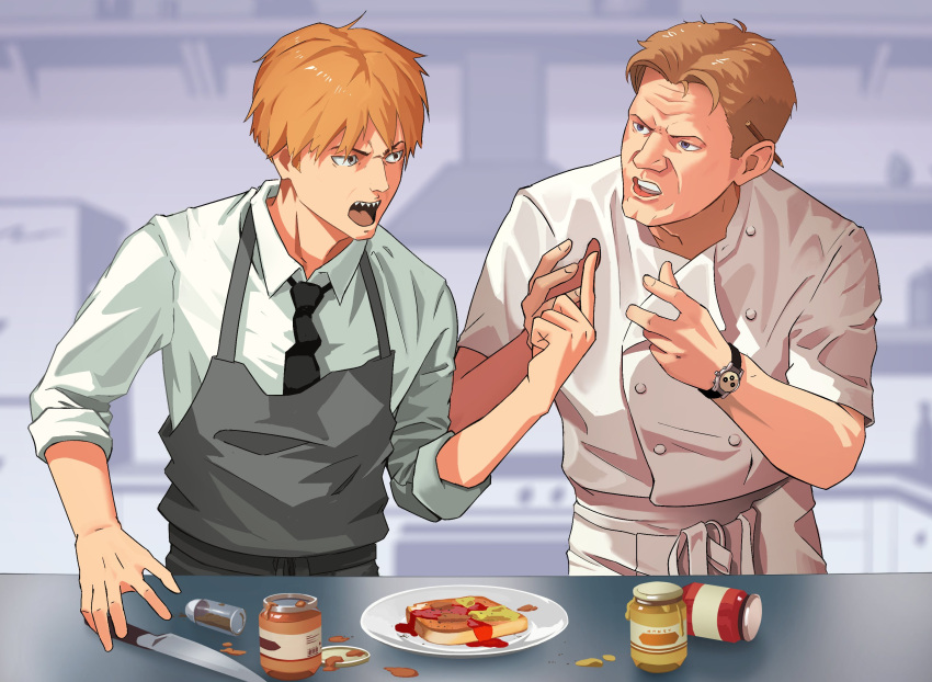 2boys bangs black_necktie blonde_hair blue_eyes bread bread_slice chainsaw_man chef_uniform commentary denji_(chainsaw_man) food gordon_ramsay grey_apron hands_up hell's_kitchen highres index_finger_raised indoors knife lem male_focus multiple_boys necktie plate real_life shadow sharp_teeth shirt short_hair symbol-only_commentary teeth upper_body watch white_shirt wristwatch