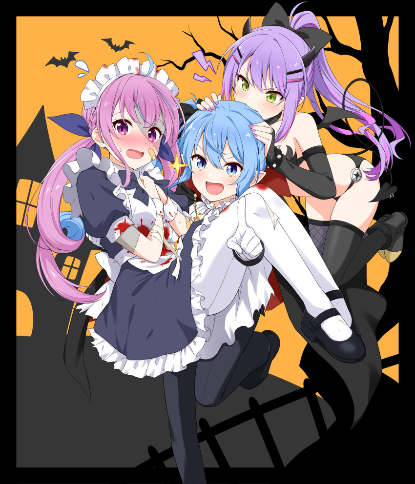3girls absurdres bandaid bandaid_on_face biting black_thighhighs blue_hair carrying demon_girl demon_tail demon_wings felutiahime halloween head_biting highres hololive hoshimachi_suisei looking_at_viewer maid minato_aqua multiple_girls pantyhose pointing pointing_at_viewer princess_carry purple_hair stitched_face stitches tail thighhighs tokoyami_towa white_pantyhose wings zombification