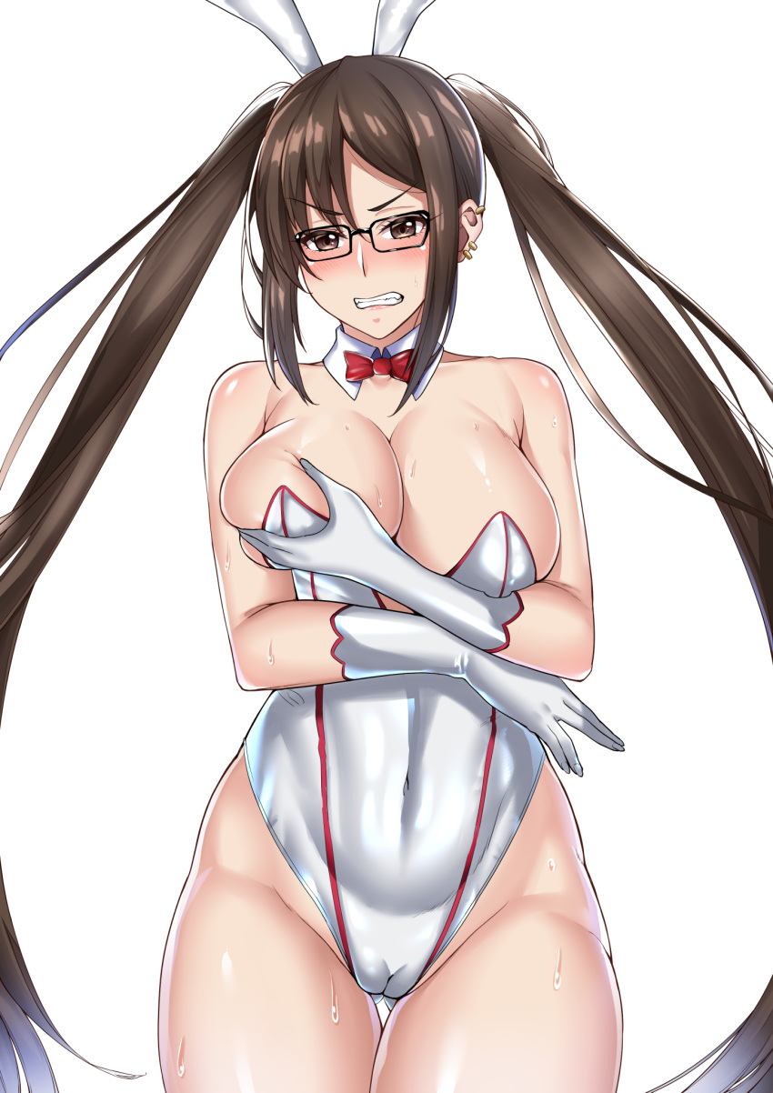 1girl akuta_hinako alternate_costume animal_ears black-framed_eyewear bow bowtie breasts brown_eyes brown_hair cameltoe covered_navel cowboy_shot detached_collar earrings fake_animal_ears fate/grand_order fate_(series) glasses gloves grabbing_own_breast hairband highleg highleg_leotard highres jewelry large_breasts lc_7v2 leotard long_hair multiple_earrings playboy_bunny rabbit_ears red_bow red_bowtie simple_background solo standing strapless strapless_leotard twintails very_long_hair white_background white_gloves white_hairband white_leotard