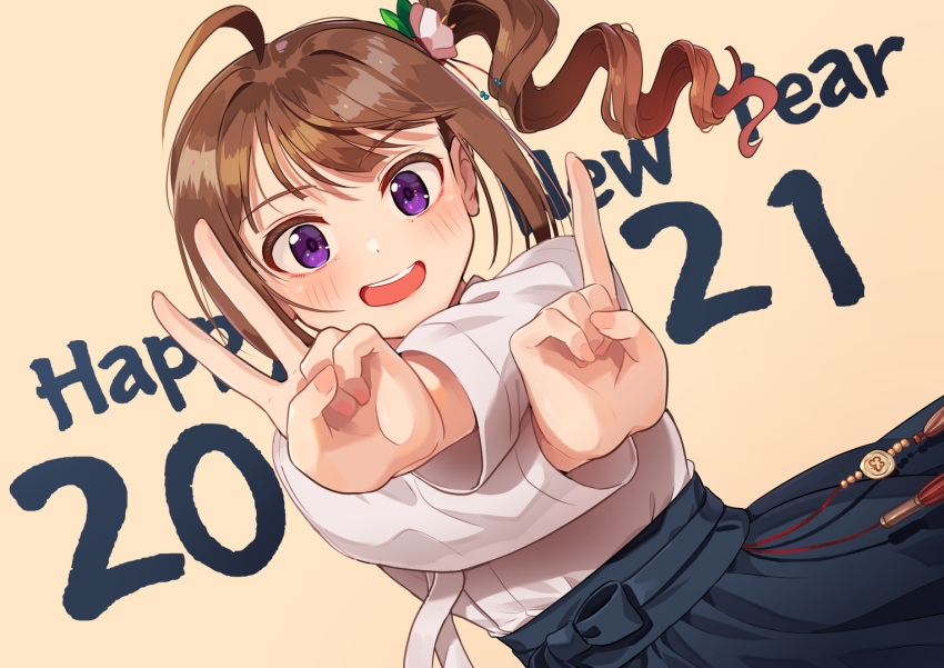 1girl 2021 ahoge bangs black_skirt brown_background brown_hair commentary crossed_wrists drill_hair dutch_angle english_text flower hair_flower hair_ornament happy_new_year idolmaster idolmaster_million_live! index_finger_raised kamille_(vcx68) long_sleeves looking_at_viewer medium_hair new_year open_mouth purple_eyes shirt side_ponytail simple_background skirt smile solo v white_shirt yokoyama_nao