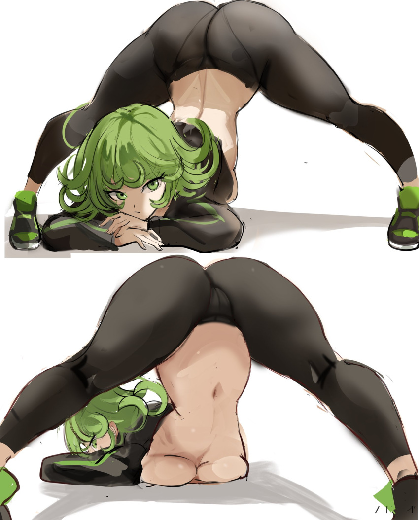 1girl arched_back ass black_pants breast_press breasts closed_mouth commentary english_commentary flexible flipped_hair from_behind green_eyes green_hair highres jack-o'_challenge long_sleeves looking_at_viewer looking_back medium_breasts multiple_views navel no_bra one-punch_man pants pantylines rakeemspoon shoes simple_background sketch sneakers tatsumaki top-down_bottom-up underboob white_background wide_spread_legs yoga_pants