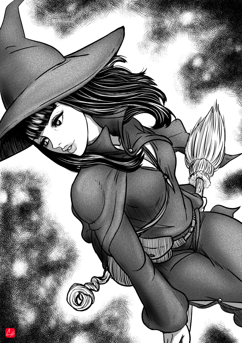 1girl absurdres bangs berserk black_hair breasts broom broom_riding chris_re5 cleavage cleavage_cutout clothing_cutout collarbone dress greyscale hat highres jewelry long_hair long_sleeves looking_to_the_side monochrome morda necklace parted_lips pouch purple_dress riding sitting solo staff witch witch_hat