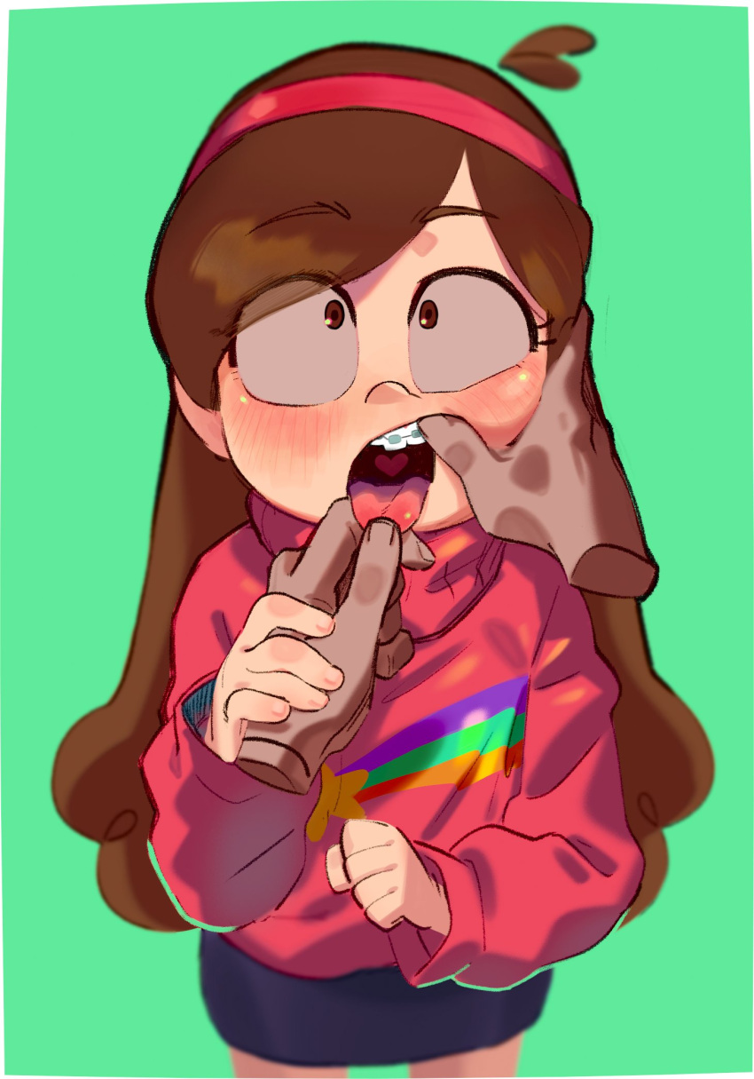 1girl braces brown_hair chi-iz disembodied_limb eyelashes finger_in_another's_mouth gravity_falls green_background hairband highres long_hair mabel_pines sweater