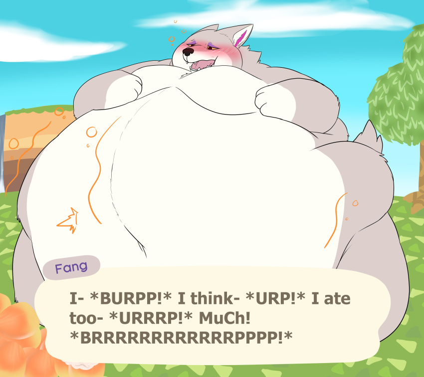 absurd_res alternate_version_at_source animal_crossing anthro belly belly_expansion big_belly black_nose bloated blush brown_eyes burping canid canine canis cloud dialogue dialogue_box english_text expansion fang_(animal_crossing) fangs food fruit half-closed_eyes hand_on_stomach hands_on_belly hi_res hyper hyper_belly lidded_eyes love_handles male mammal moobs morbidly_obese morbidly_obese_anthro morbidly_obese_male motion_lines narrowed_eyes navel nintendo nude obese obese_anthro obese_male open_mouth overweight overweight_anthro overweight_male peach_(fruit) pink_tongue plant sky solo teeth text tongue tree turly11 video_games wolf yellow_sclera