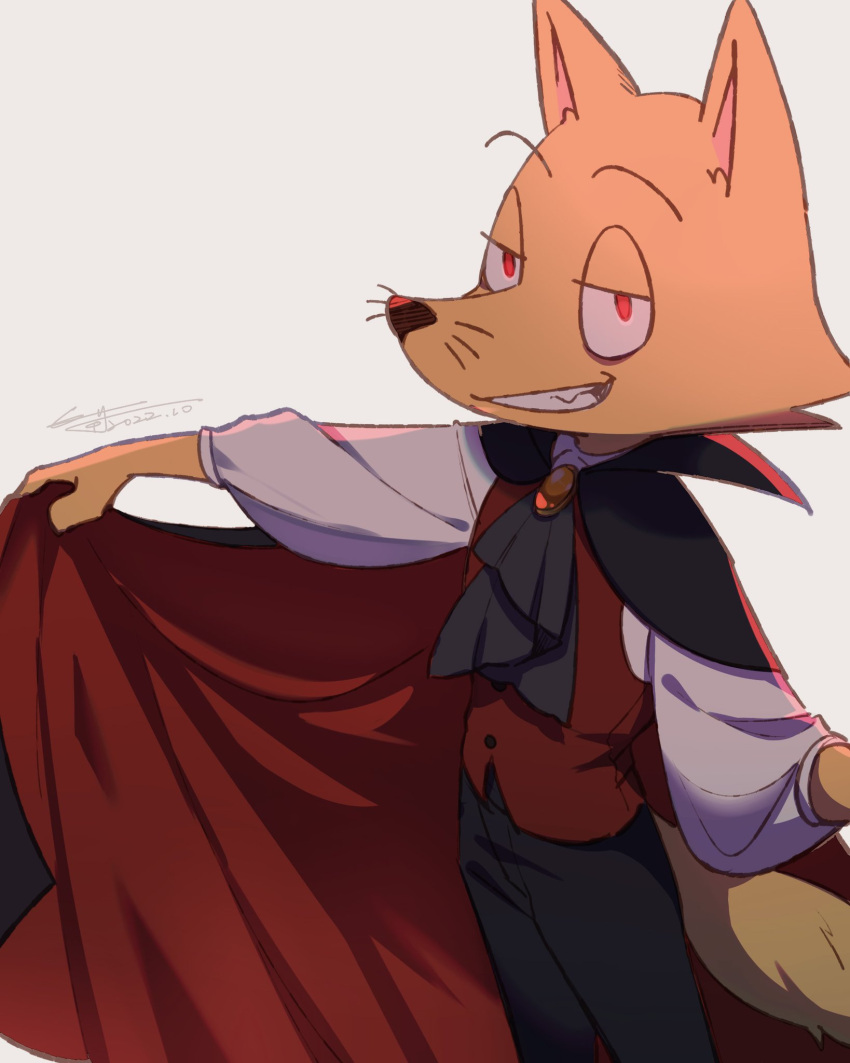 2022 anthro black_clothing canid canine cape clothing digital_media_(artwork) eyebrows fox fur hi_res humanoid kaiketsu_zorori kinoko_24 looking_at_viewer male mammal open_mouth open_smile red_clothing red_eyes shaded signature simple_background smile snout solo standing thin_eyebrows vampire_costume white_background yellow_arms yellow_body yellow_ears yellow_face yellow_fur yellow_hands yellow_tail zorori