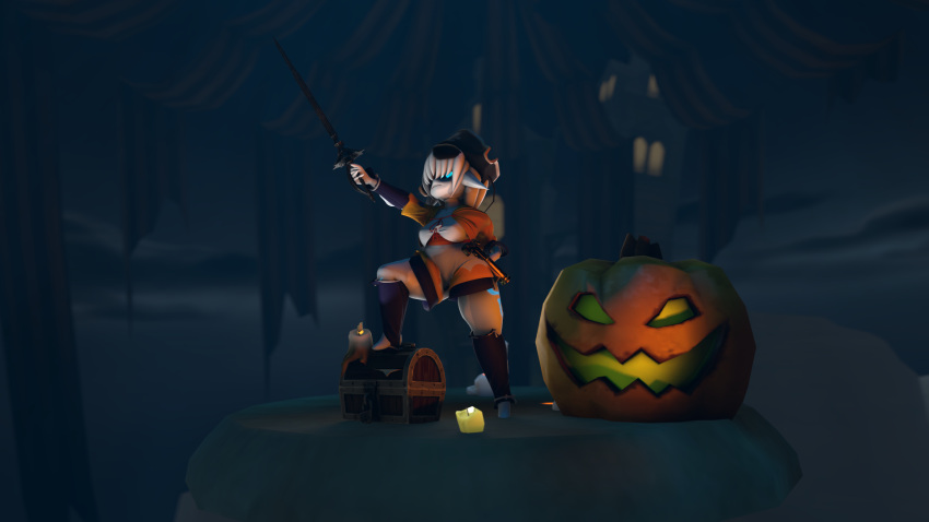 3d_(artwork) anthro breasts clothing digital_media_(artwork) female fish glowing glowing_markings hair halloween headgear hi_res holidays hybrid in_heat_(game) jack-o'-lantern marine markings misty_(in_heat) monsterbox pirate_outfit shark short_stack simple_background size_difference smaller_female solo spider26 video_games