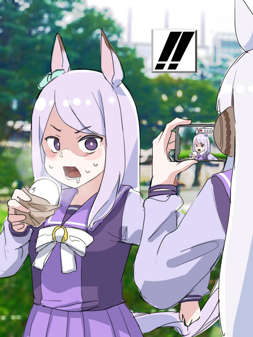 ! !! 2girls 4me_4ma animal_ears bangs blurry blurry_background bow cellphone commentary_request day depth_of_field drooling ear_covers ear_ribbon food gold_ship_(umamusume) green_ribbon grey_hair highres holding holding_food holding_phone horse_ears horse_girl horse_tail long_hair looking_at_viewer mejiro_mcqueen_(umamusume) multiple_girls open_mouth outdoors phone pleated_skirt purple_eyes purple_hair purple_shirt purple_skirt ribbon school_uniform shirt skirt spoken_exclamation_mark steam sweat swept_bangs tail tracen_school_uniform tree umamusume v-shaped_eyebrows very_long_hair white_bow