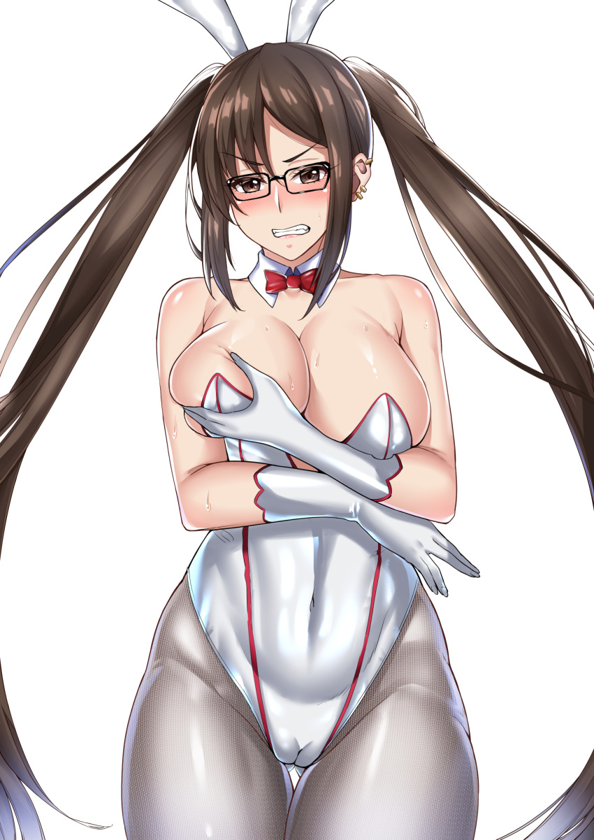 1girl akuta_hinako alternate_costume animal_ears black-framed_eyewear bow bowtie breasts brown_eyes brown_hair cameltoe covered_navel cowboy_shot detached_collar earrings fake_animal_ears fate/grand_order fate_(series) glasses gloves grabbing_own_breast grey_pantyhose hairband highleg highleg_leotard highres jewelry large_breasts lc_7v2 leotard long_hair multiple_earrings pantyhose playboy_bunny rabbit_ears red_bow red_bowtie simple_background solo standing strapless strapless_leotard twintails very_long_hair white_background white_gloves white_hairband white_leotard