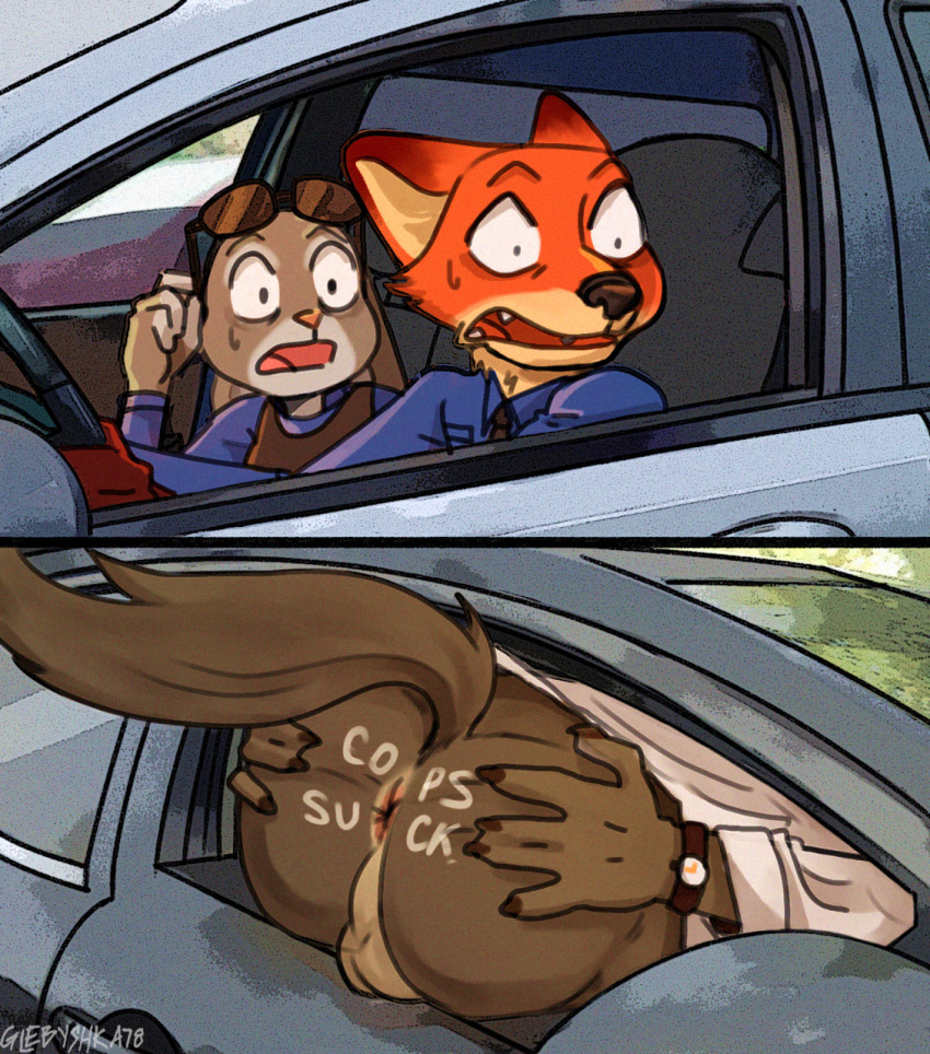 2022 5_fingers anthro anus backsack balls black_nose bodily_fluids body_writing bottomless bottomless_anthro bottomless_male brown_body brown_fur butt canid canine canis car claws clock clothed clothing digital_media_(artwork) disney dreamworks driving english_text eyewear eyewear_on_head fangs female finger_claws fingers fox fur genitals glebyshka78 grey_body grey_fur group hand_on_butt hand_on_own_butt hi_res humanoid_hands judy_hopps lagomorph leporid male mammal mooning mr._wolf_(the_bad_guys) nick_wilde open_mouth orange_body orange_fur perineum pink_nose police police_uniform presenting presenting_anus presenting_hindquarters rabbit shirt shocked signature spread_anus spreading sunglasses sunglasses_on_head sweat sweatdrop taunting teeth text text_on_butt the_bad_guys tongue topwear trio uniform vehicle watch wide_eyed wolf wristwatch writing_on_butt zootopia