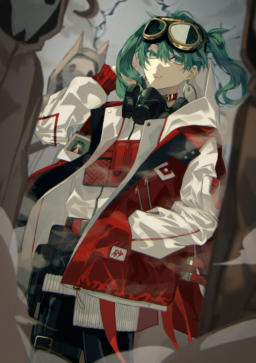 1girl 3others animal_ears aqua_eyes bangs belt_pouch black_pants blurry choker cow depth_of_field dust dutch_angle floating_hair goggles goggles_on_head green_eyes green_hair hair_between_eyes hand_in_pocket hand_up hatsune_miku highres hood hood_up jacket lightning long_hair long_sleeves looking_at_viewer maaroso_09 mask mask_around_neck multiple_others overcast pants parted_lips photo_(object) pouch red_jacket respirator solo_focus suna_no_wakusei_(vocaloid) vocaloid