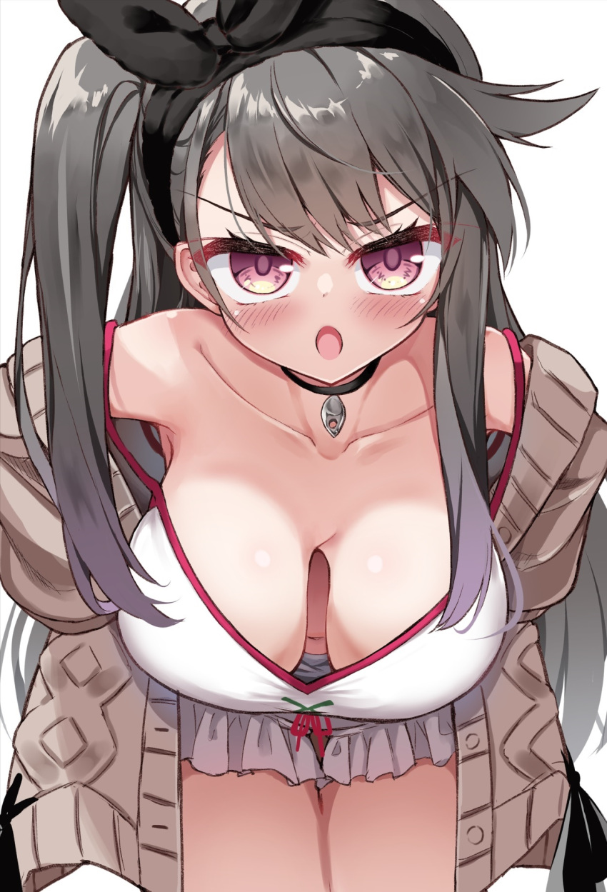 1girl :o azur_lane bent_over blush breasts camisole cardigan choker cleavage collarbone downblouse grey_hair hairband hands_on_hips highres large_breasts long_hair mikage_(shibi) open_cardigan open_clothes pamiat_merkuria_(azur_lane) pamiat_merkuria_(sweet_cherry_memories)_(azur_lane) pendant_choker pink_eyes shorts side_ponytail simple_background solo strap_slip v-shaped_eyebrows white_background