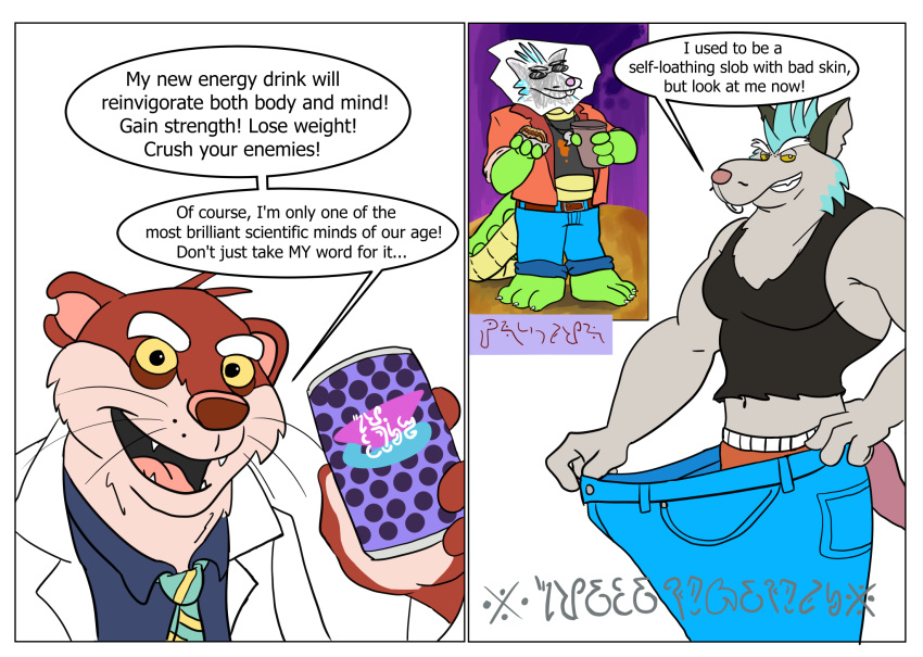 2022 alligator alligatorid anthro beverage bottomwear brok_(character) brok_the_investigator can clothing comic container crocodilian dart_(brok_the_investigator) dialogue dr._mink english_text green_body grey_body hi_res humanoid_hands male mammal mink murid murine mustelid musteline necktie pants rat reptile rodent scalie shirt text topwear translated true_musteline video_games yikesaroni