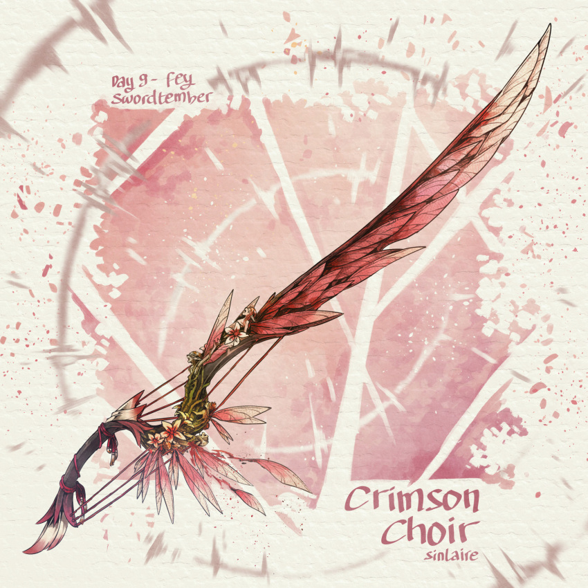 artist_name commentary dated english_commentary english_text fantasy feathers flower highres no_humans original simple_background sinlaire sword weapon weapon_focus white_background white_flower