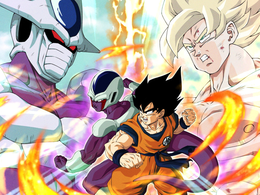 2boys black_eyes black_hair blonde_hair bruise bruise_on_face clenched_hands clenched_teeth collarbone commentary_request cooler_(dragon_ball) dougi dragon_ball dragon_ball_z dual_persona fifth_form_(dragon_ball) fire green_eyes highres injury male_focus multiple_boys muscular muscular_male pectorals son_goku tail teeth topless_male wai_(y48754085) wristband