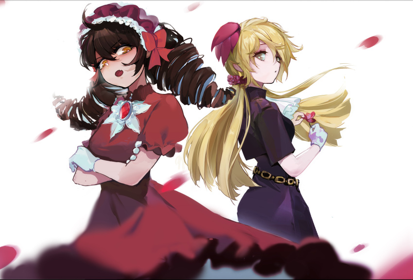 2girls :o ascot back-to-back bangs black_dress black_jacket blonde_hair blurry bow brooch brown_eyes brown_hair chain cropped_jacket crossed_arms depth_of_field don't_starve dress drill_hair falling_petals fang floating_hair flower gem gloves hair_between_eyes hair_bow hair_flower hair_ornament hairband hands_up highres holding holding_flower jacket jewelry lolita_hairband long_hair looking_at_viewer looking_back motion_blur multiple_girls official_alternate_costume petals puffy_short_sleeves puffy_sleeves red_bow red_dress red_flower red_gemstone short_sleeves simple_background skin_fang tang_shifu twin_drills twintails wendy_(don't_starve) white_ascot white_background white_gloves willow_(don't_starve) yellow_eyes