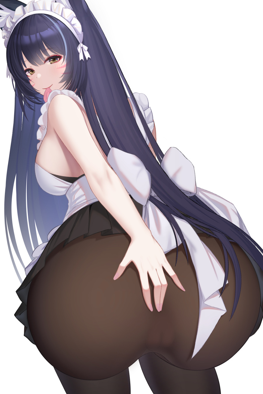 1girl absurdres animal_ear_fluff animal_ears apron ass azur_lane bangs bare_shoulders bent_over black_hair blush breasts brown_pantyhose cameltoe condom condom_wrapper dress facial_mark fox_ears fox_girl frills hair_ornament highres hong_bai large_breasts long_hair looking_at_viewer looking_back maid maid_apron maid_headdress musashi_(azur_lane) pantyhose pleated_skirt skirt solo very_long_hair white_background yellow_eyes