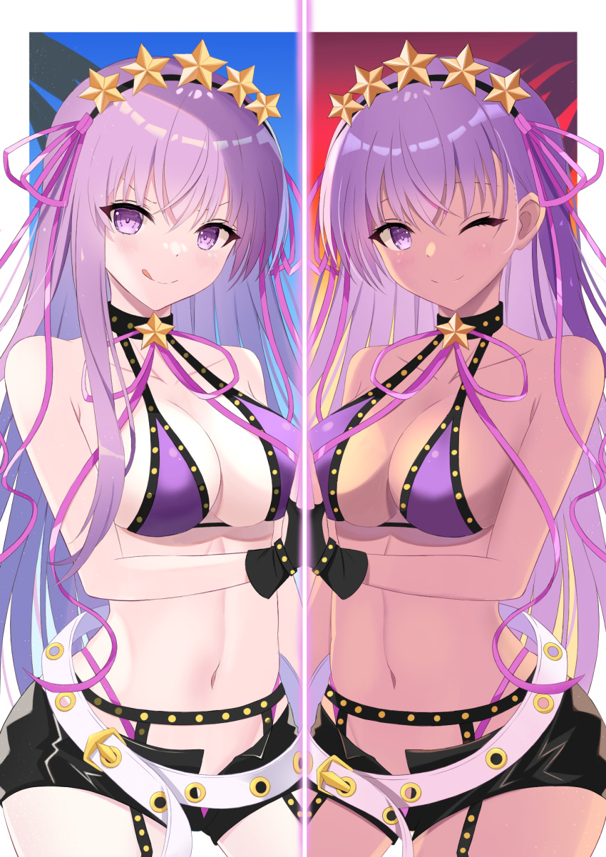 1girl bb_(fate) bb_(swimsuit_mooncancer)_(fate) bb_(swimsuit_mooncancer)_(second_ascension)_(fate) belt bikini breasts dual_persona fate/grand_order fate_(series) fingerless_gloves garter_belt gloves hairband highres kodemari_shizuku large_breasts licking_lips long_hair navel one_eye_closed purple_bikini purple_eyes purple_hair short_shorts shorts sunset swimsuit tan tongue tongue_out white_belt