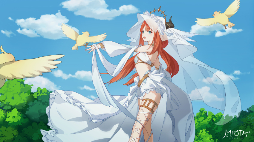 1girl absurdres arm_up artist_name bangs bare_shoulders bird black_eyes blue_eyes blue_sky blush breasts bush cloud cloudy_sky colored_skin commentary_request crop_top darkcatowo detached_sleeves flower flying genshin_impact gold hair_ornament hand_up highres horns jewelry leaf long_sleeves looking_at_another looking_to_the_side medium_breasts nilou_(genshin_impact) open_mouth outdoors puffy_long_sleeves puffy_sleeves red_hair shorts sky smile standing tongue veil white_flower white_shorts wings yellow_skin