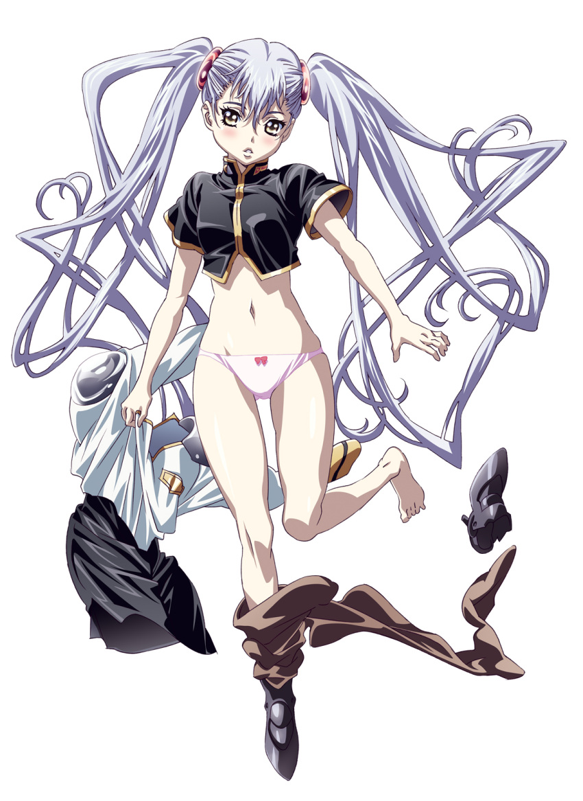 1girl bangs bow bow_panties clothes_pull cropped_shirt full_body gotou_keiji highres hoshino_ruri kidou_senkan_nadesico long_hair looking_at_viewer navel non-web_source official_art panties pants pants_pull parted_lips shoe_removed short_sleeves simple_background solo twintails underwear very_long_hair white_background white_hair white_panties yellow_eyes