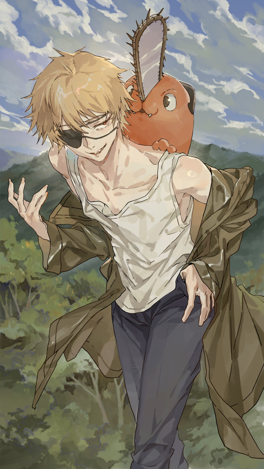1boy absurdres bare_shoulders black_pants blonde_hair blue_sky brown_jacket chainsaw_man cloud cloudy_sky collarbone day denji_(chainsaw_man) highres hxxg jacket looking_at_another male_focus mountain off-shoulder_jacket off_shoulder open_clothes open_jacket outdoors pants pochita_(chainsaw_man) red_eyes shirt short_haie sky smile solo standing tank_top tree white_shirt